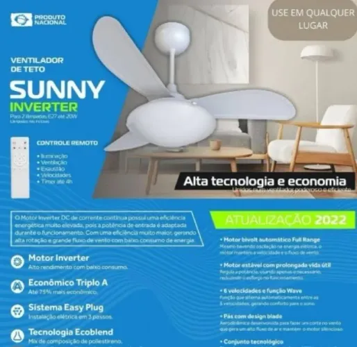 Ventilador de teto INVERTER controle remoto ventisol sunny 