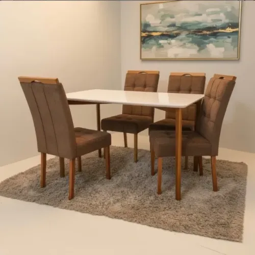 Conjunto Ravello 120 Naturale Off White com 4 Cadeiras Veludo Marrom