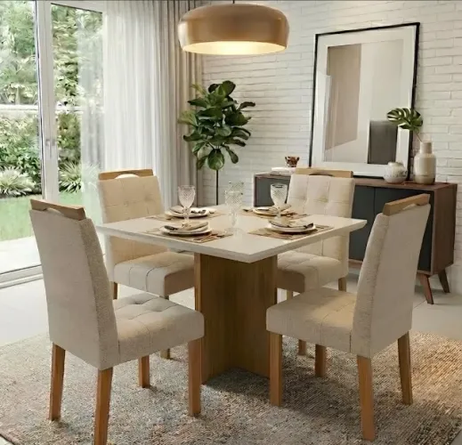 Conjunto de Jantar Compacto 4 Lugares com Vidro Off White e Linho Bege