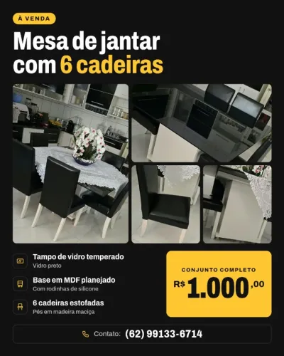Mesa de Jantar 6 Cadeiras Tampo Vidro Temperado Preto