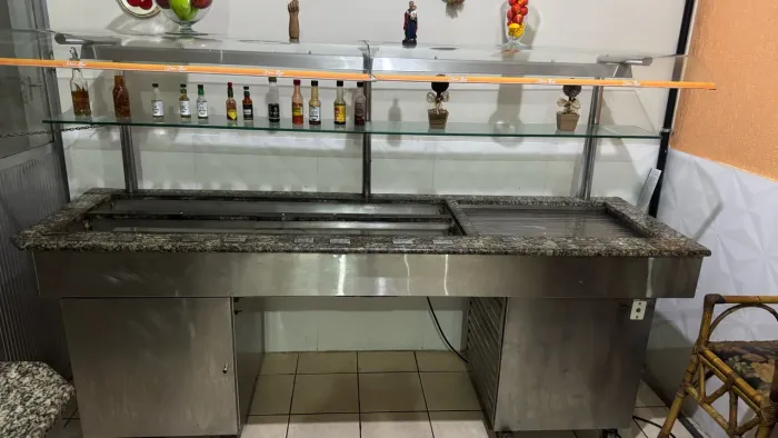 Balcão Self-Service Quente + Ilha Fria Refrigerada, Inox e Granito, 8 Cubas - 220V