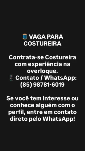 Precisa-se de costureira, bairro Siqueira.