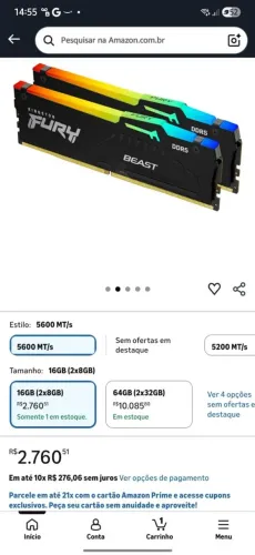 Memória Kingston RGB 5600mhz 32gb (2x 16gb)