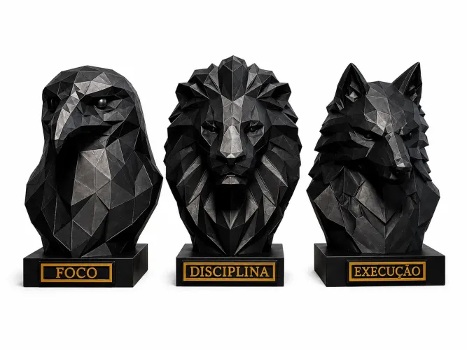 kit 3 estátuas leão lobo e águia disciplina execução e foco 17cm