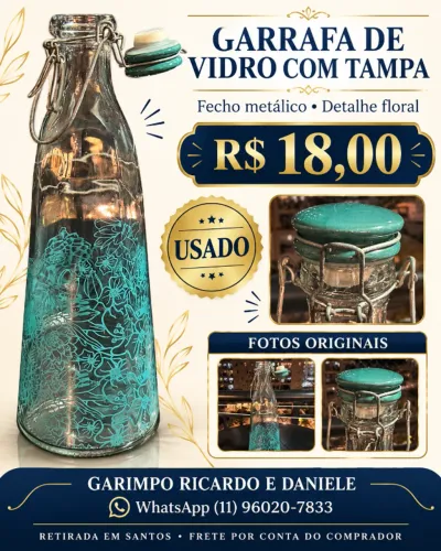 Garrafa de vidro floral com tampa e fecho metálico