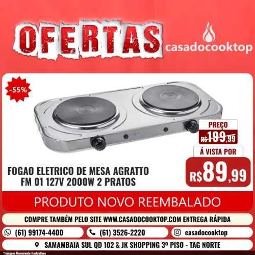 FOGAO ELETRICO DE MESA AGRATTO FM-01 127V 2000W - 2 PRATOS