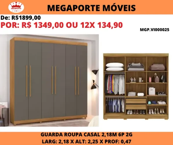 Guarda Roupa Casal 2,18 com 6 Portas 2 Gavetas