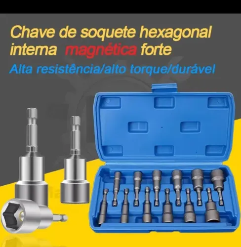 ?Conjunto de Soquetes Hexagonal com Imã Forte 12 Peças 65mm para Chave de Impacto e Parafu