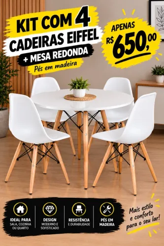 ? Kit mesa redonda + 4 cadeiras Eiffel, pés de madeira! Tudo por apenas R$ 650,00!