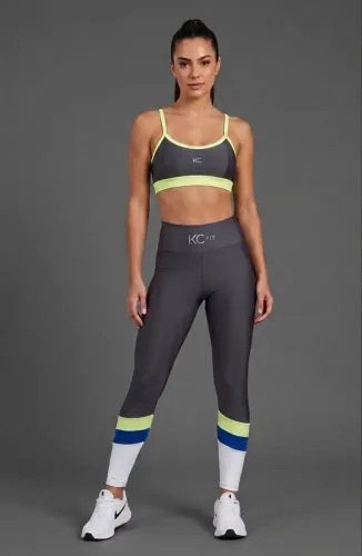 Conjunto Fitness KC Fitness Original Cinza/Neon - Tam P (Veste PP)