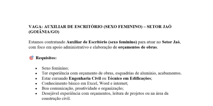 CONTRATO AUXILIAR DE ESCRITÓRIO - SETOR JAO - GOIANIA GO
