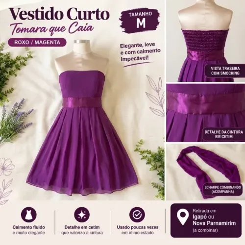 Vestido tomara que caia roxo/magenta com echarpe combinando