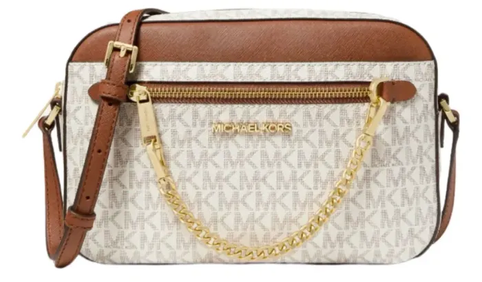 Bolsa Michael Kors Jet Set de Couro com Monograma e Acabamento Dourado