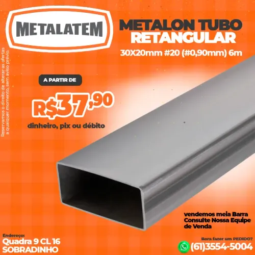 Metalon Tubo Retangular 30x20 mm #20 (0,90 mm) - 6 Metros