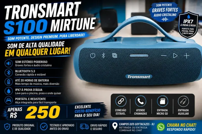 Caixa de Som Tronsmart S100 Mirtune Bluetooth 5.3 | Potente | IPX7 | 20h Bateria