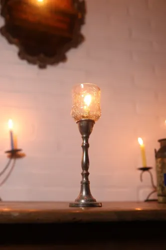 candelabro vela castiçal em metal e vidro craquelado antigo antiquario decoração vintage