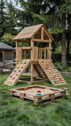 Casinha de madeira infantil com escalada e caixa de areia 