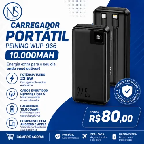 Power Bank Peining 10000mAh, é um carregador portátil turbo com potência de 22.5W