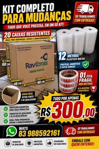 Caixas de Papelão kit Mudança 20 cxs + 01 fita 300 metros larga +12 metros plástico bolha