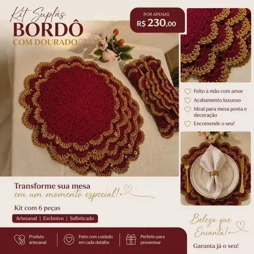 Kit Suplast bordô com dourado 6 peças 