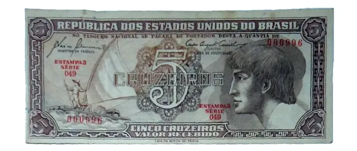 NOTA CÉDULA 5 Cinco Cruzeiros 1961 Número Série 000996 Índio / Vitória Régia