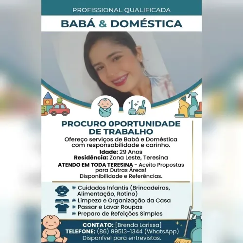Babá e doméstica na zona leste de teresina