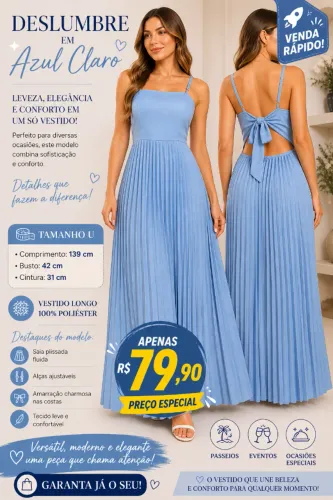 Vestido com saia Plissada, amarração nas costas e ajuste nas alças. 