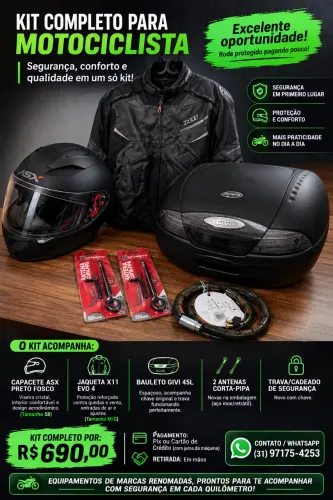 Kit Motociclista: Capacete ASX + Jaqueta X11 + Baú Givi + Antenas Corta Pipa e Trava