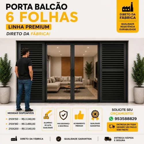 Porta Balcão 210x150 , 6 Folhas Preta Linha Premium