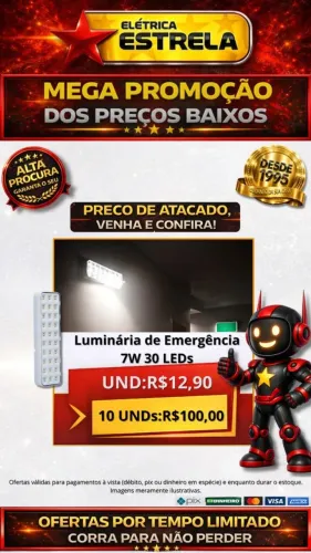 Luminária de Emergência 7W 30 LEDs - Promoção com Preço de Atacado