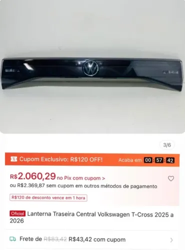 Lanterna Traseira Central Volkswagen T-Cross 2025 a 2026 NOVA! Leia abaixo
