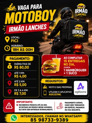 Vaga para Motoboy - Das 18h às 00h