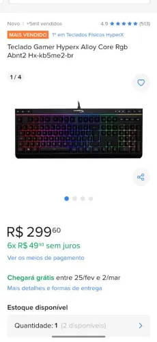 TECLADO GAMER HYPERX ALLOY CORE RGB 