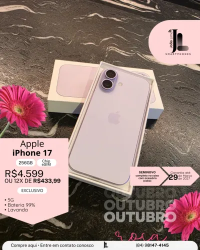 IPHONE 17, 5G, 256GB, CHIP ESIM, LAVANDA, SEMINOVO NA GARANTIA , EXCLUSIVO!