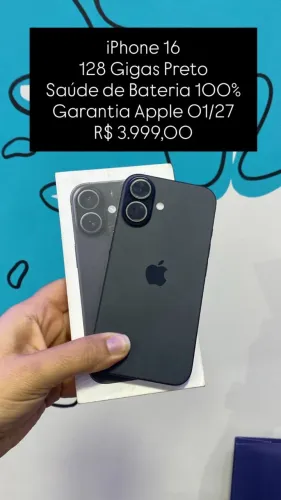 Seminovos: iPhone 16 128GB / Preto / Saude de Bateria 100% / Garantia Apple 01/27 - Loja