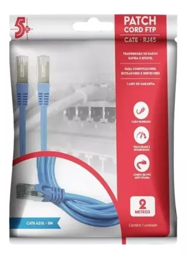 Cabo De Rede Patch Cord Cat6 Blindado Ftp 2m Azul 5+