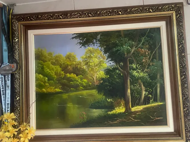 Quadro Paisagem com Moldura Madeira Pintada dourada Antiquario usada