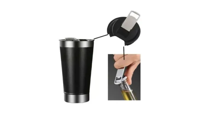 Copo Térmico Com Tampa Abridor Cor Branco e preto 473ml