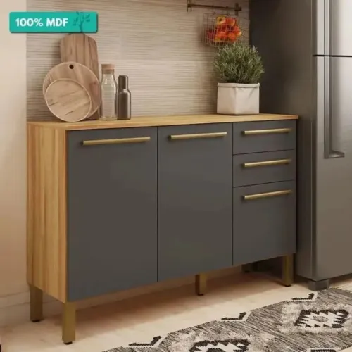 Balcão de Cozinha Carmenere 3 Portas e 2 Gavetas c/ Tampo 100% MDF Ronipa<br><br><br><br>