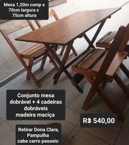 Mesa dobravel + 4 cadeiras madeira dobráveis