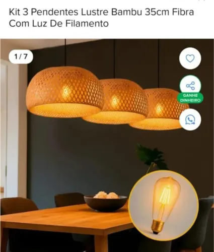 kit pendente lustre bambu 35 cm fibra c/ luz de filamento