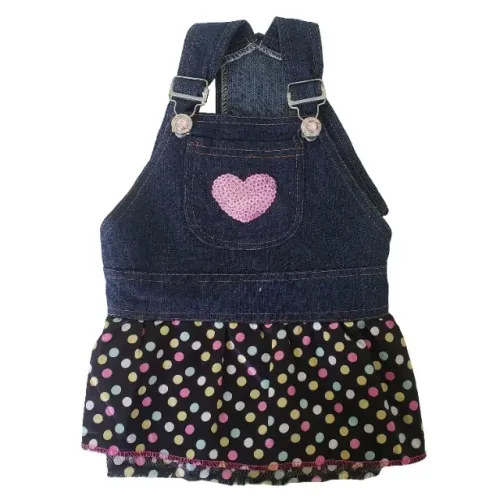 Roupa Cachorro Jardineira Jeans Coração Porte Pequeno