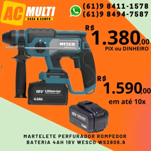 Martelete Perfurador Rompedor Bateria 4ah 18v Wesco Ws2806.9