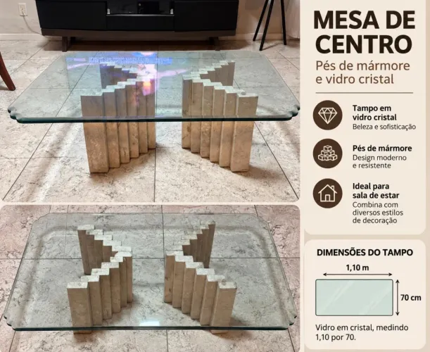 Mesa de Vidro (110cm x 70cm) e base de Mármore Travertino