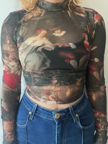 Blusa Tule Transparência - Estampa de Pintura Clássica / Renascentista
