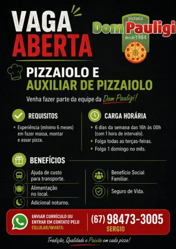 Vaga para auxiliar/pizzaiolo