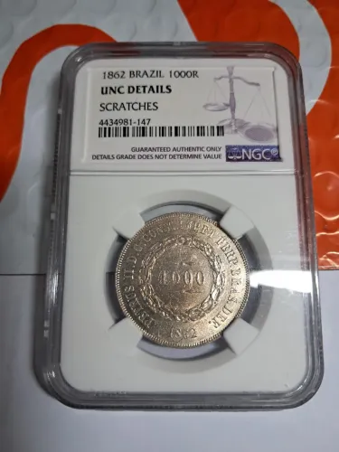 Moeda Certificada NGC UNC DETAILS scratches - 1000 Réis - 1862 - Prata 0.900