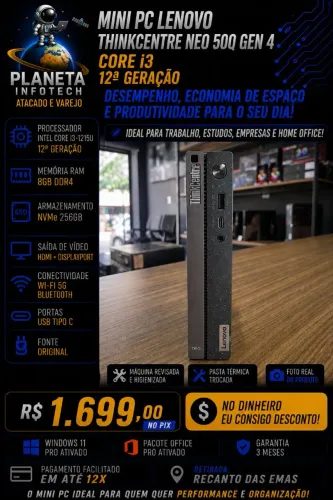 Mini PC Lenovo 12ª Geração core i3 1215U com 8gb de ram DDR4 + NVME 256gb ( com garantia )