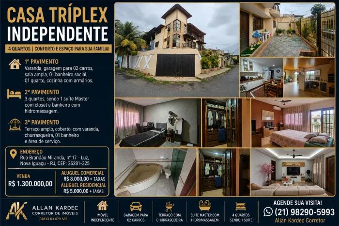 Alugo casa para fim comercial, 04 quartos. bairro da Luz, Nova Iguaçu/RJ.