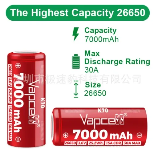 2 Bateria de alta capacidade VAPCELL IMR26650 K70 7000mah